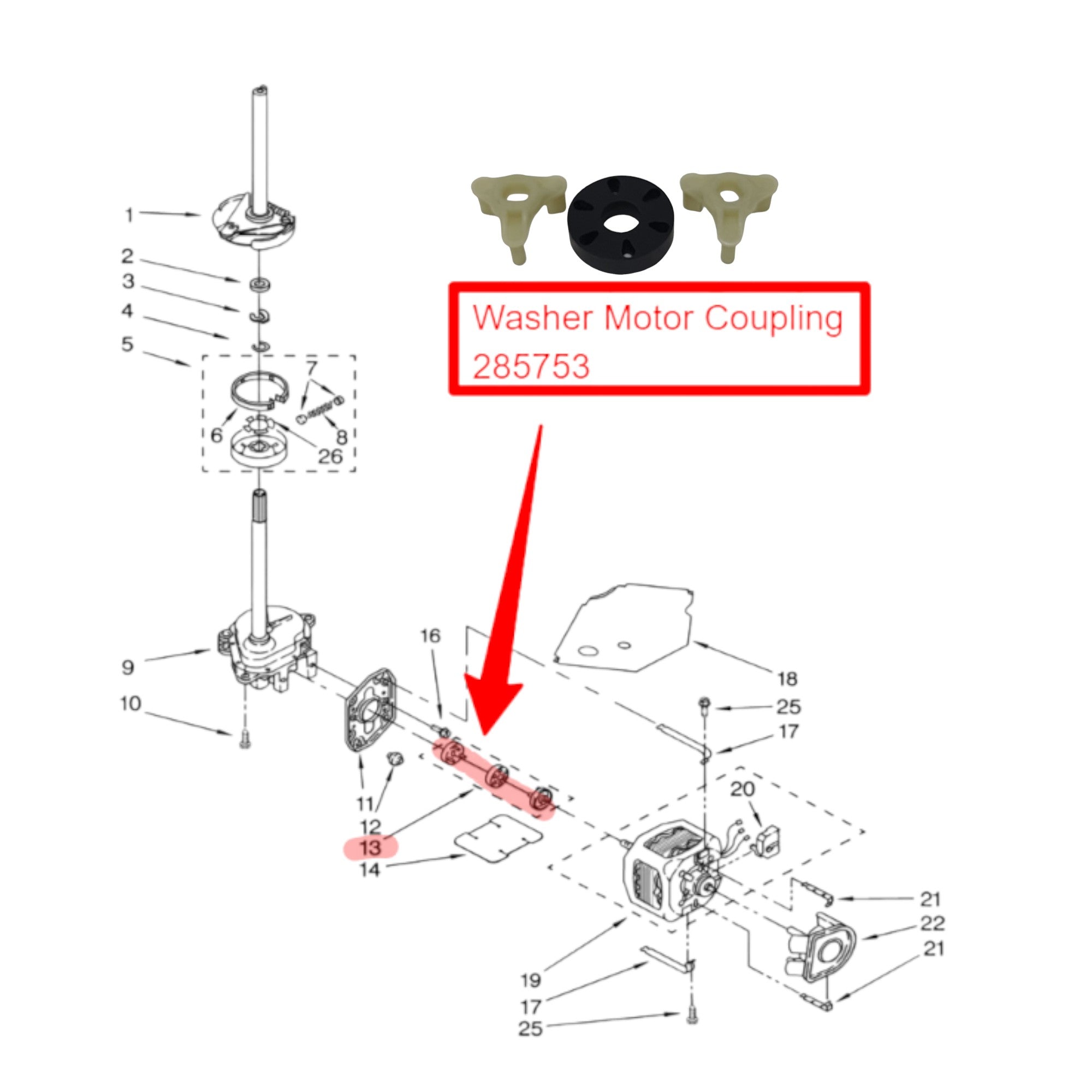 GARP 285753 Motor Coupler for Washing Machines Compatible with Whirlpool, Roper, Kenmore, Admiral, Amana, Crosley, Estate