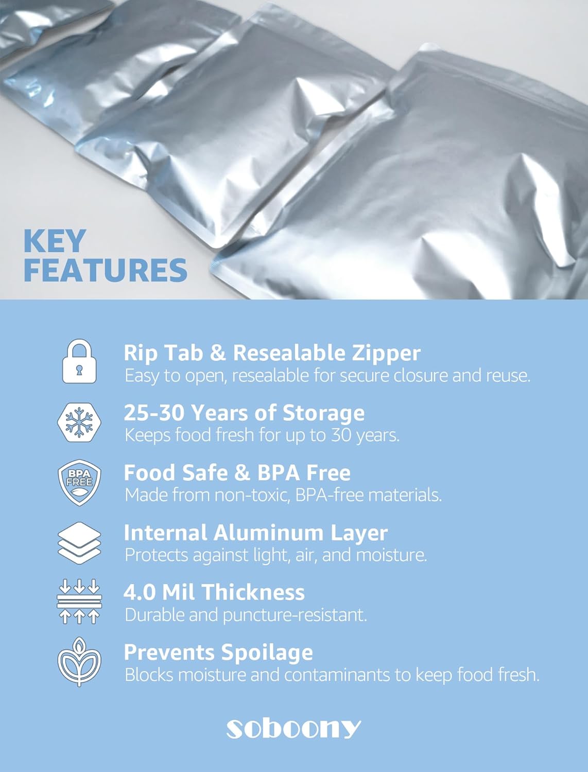 Mylar Bags for Food Storage with Resealable Zipper & Aluminum Foil Pouch