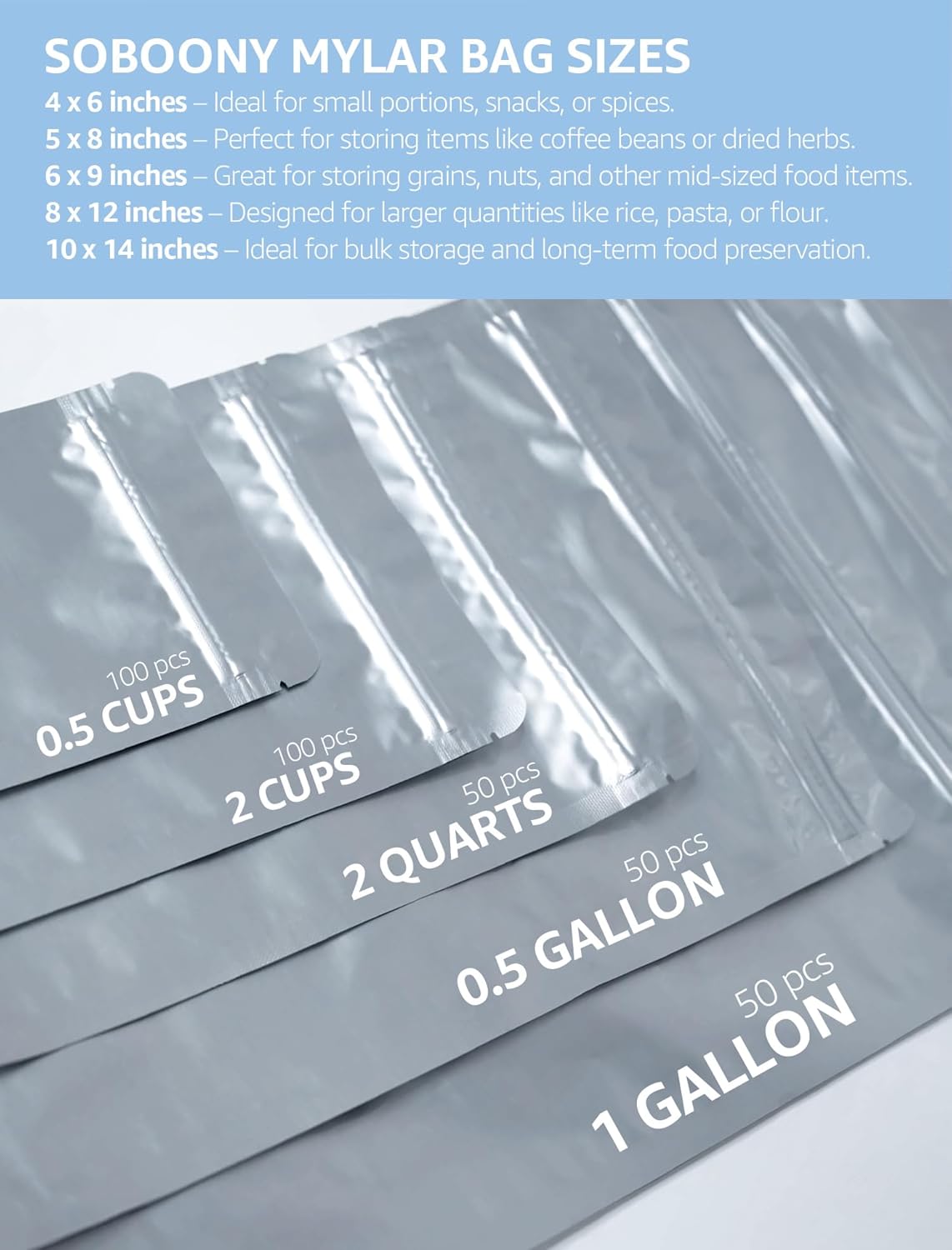 Mylar Bags for Food Storage with Resealable Zipper & Aluminum Foil Pouch