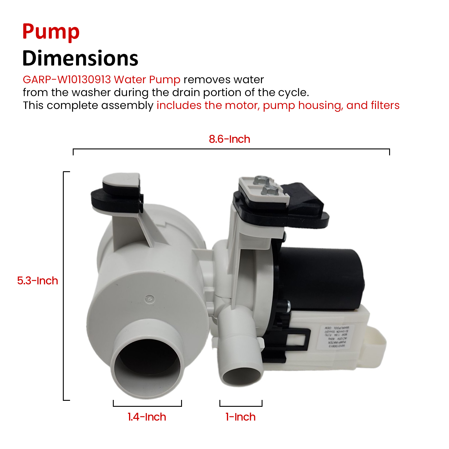 GARP W10130913 Drain Pump Motor for Washing Machines Compatible with Kenmore, Maytag and Whirlpool