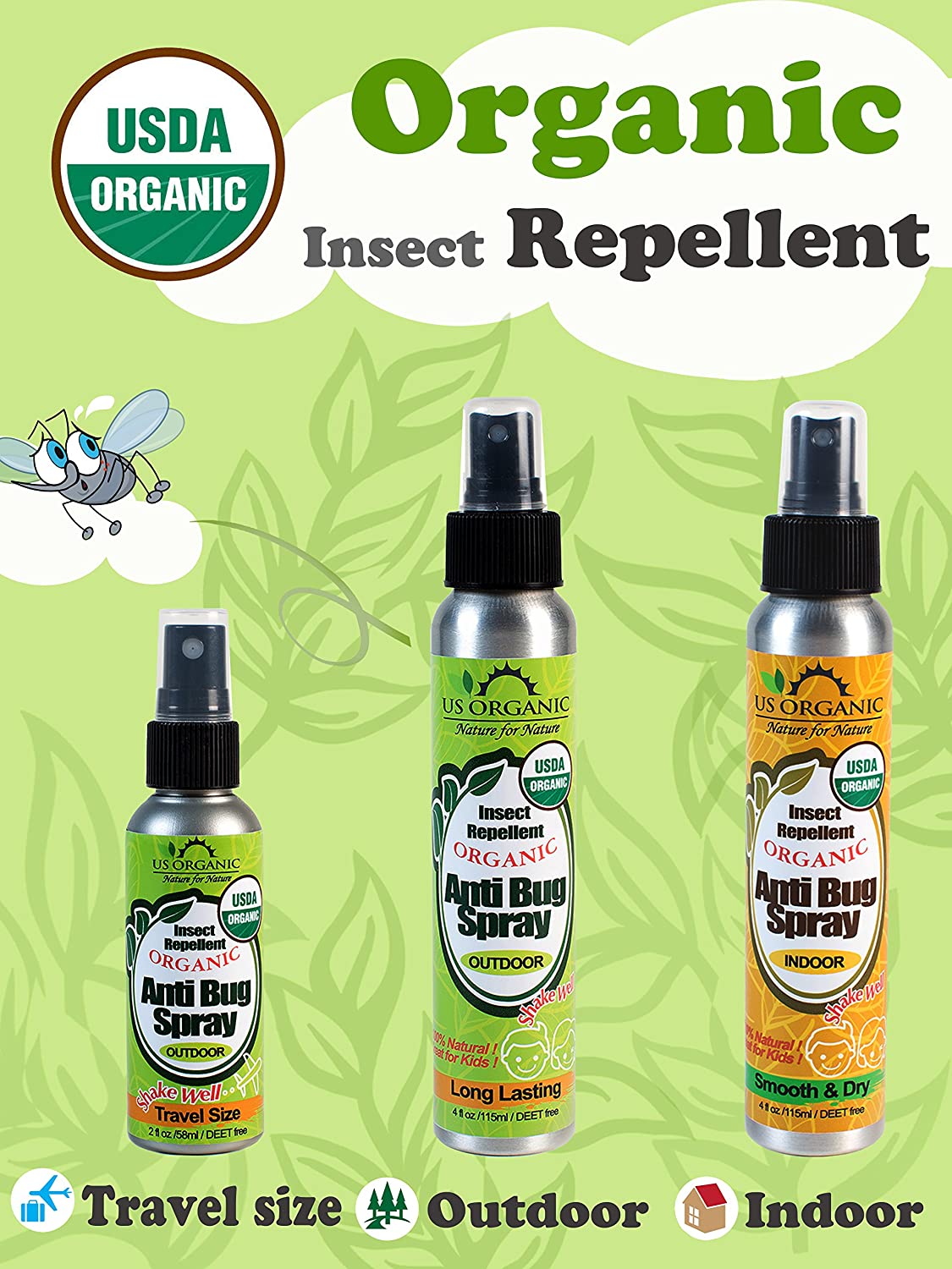 US Organic Mosquito Repellent Anti Bug Outdoor Pump Sprays, Travel Size, Cruelty Free, Proven Results by Lab Testing, Deet-Free 2 fl oz