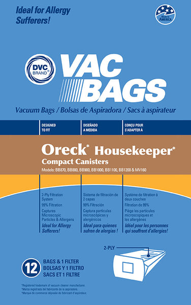 Oreck Compatible Style Buster B, Housekeeper Canisters 2-Ply 12+1 Pack Bags AK1BB8A