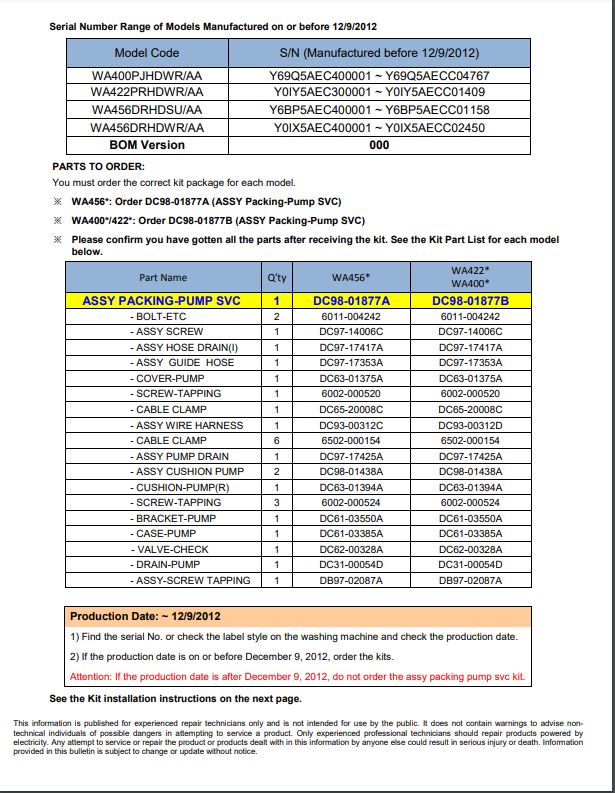 Samsung DC98-01877B Washer Drain Pump Service Kit